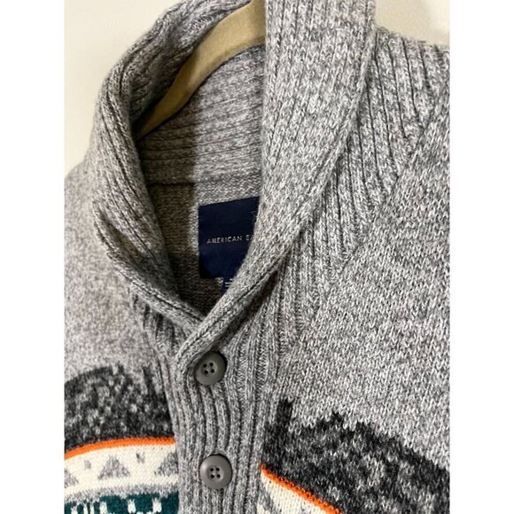 American Eagle Sweater Men M Gray Grandpa Cardigan Chevon Fair Isle Retro 80s - Picture 6 of 12